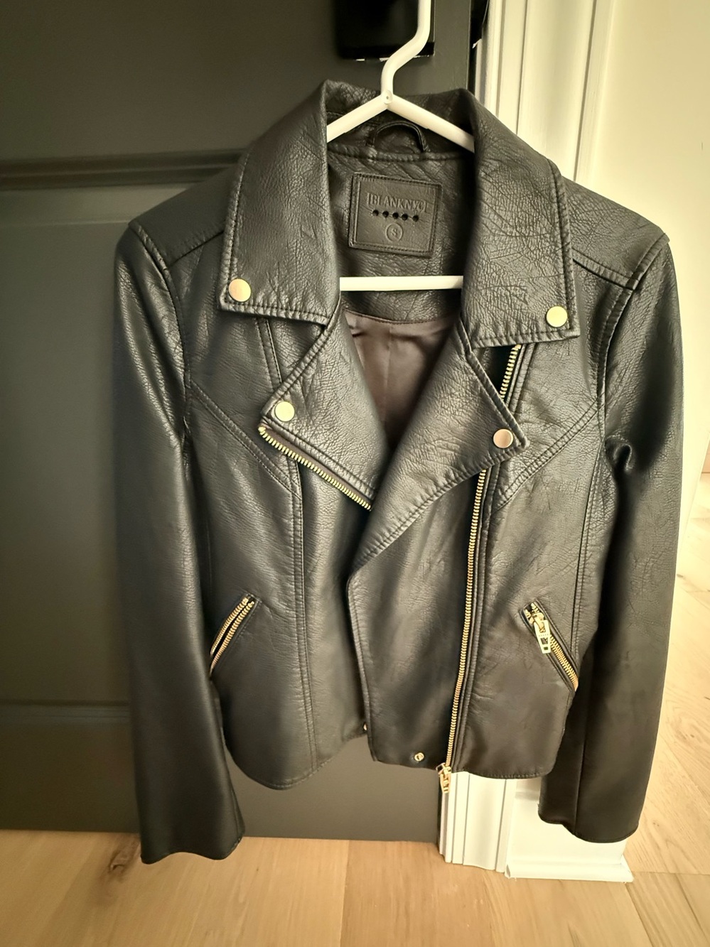 Blank NYC Black Faux-Leather Moto Jacket with Gold Hardware
